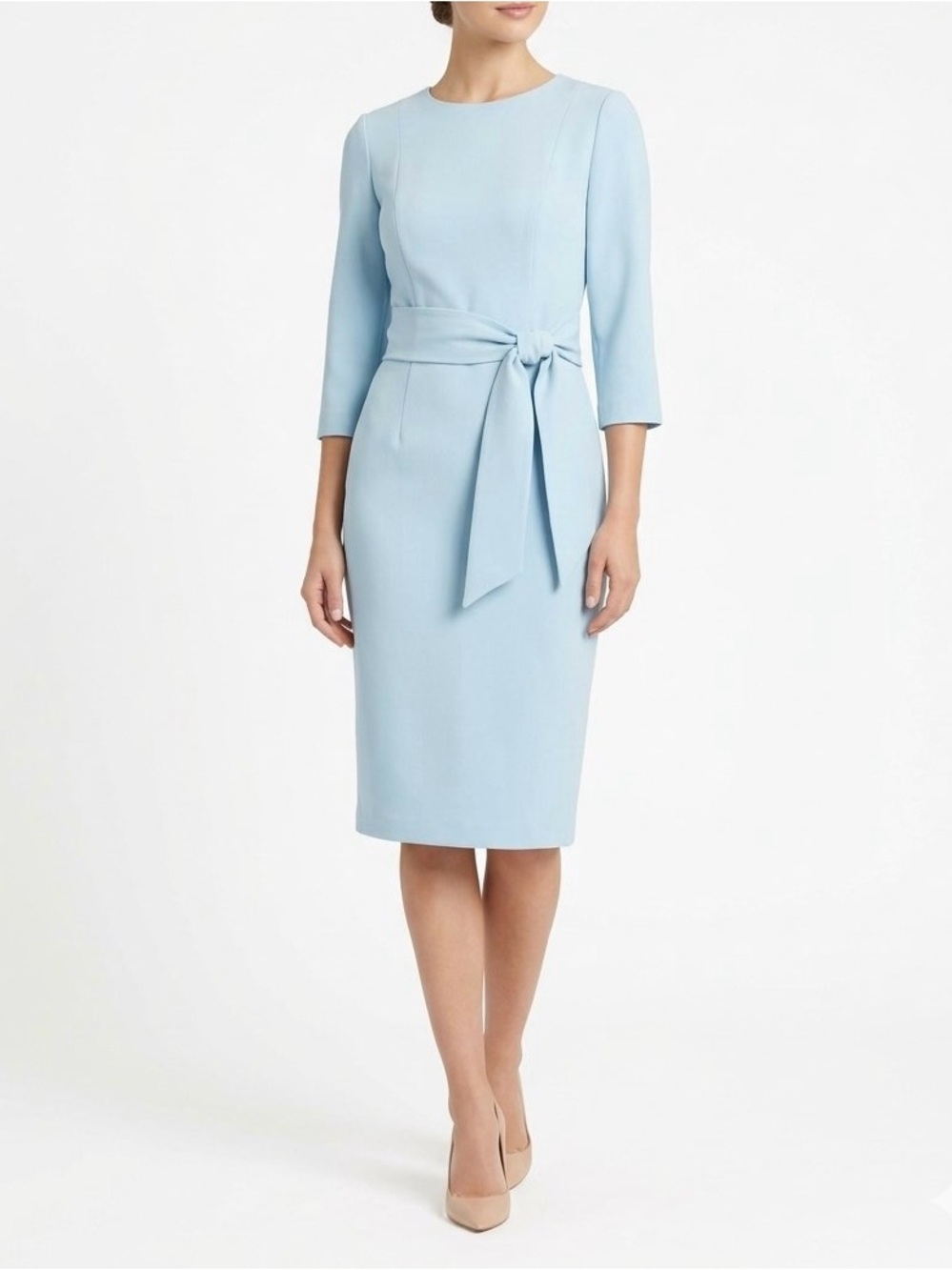 NWT Adrianna Papell Knit Crepe Tie-Waist Sheath Dress Blue Mist Sz 4